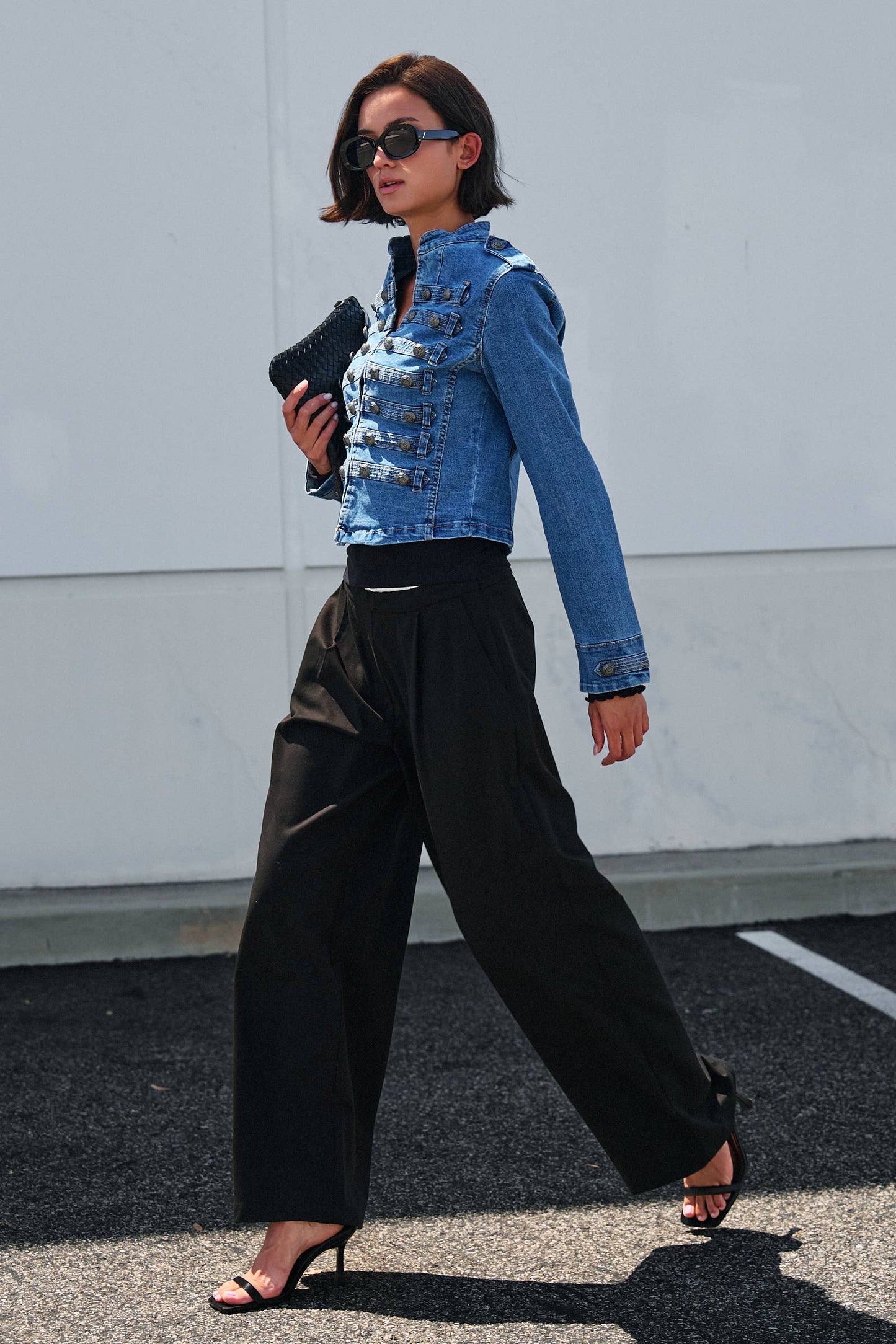 Military Double-Button Denim Jean Jacket: Blue