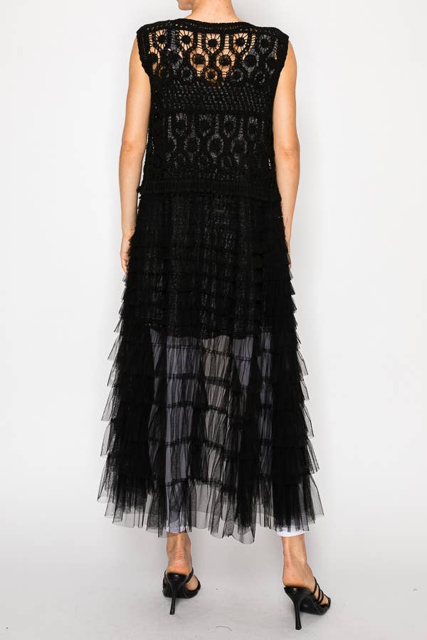 Crochet vest with a long tiered mesh layer