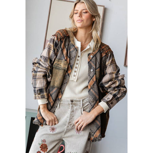 WASHED MIXED PLAID OVERSIZED HOODED JACKET