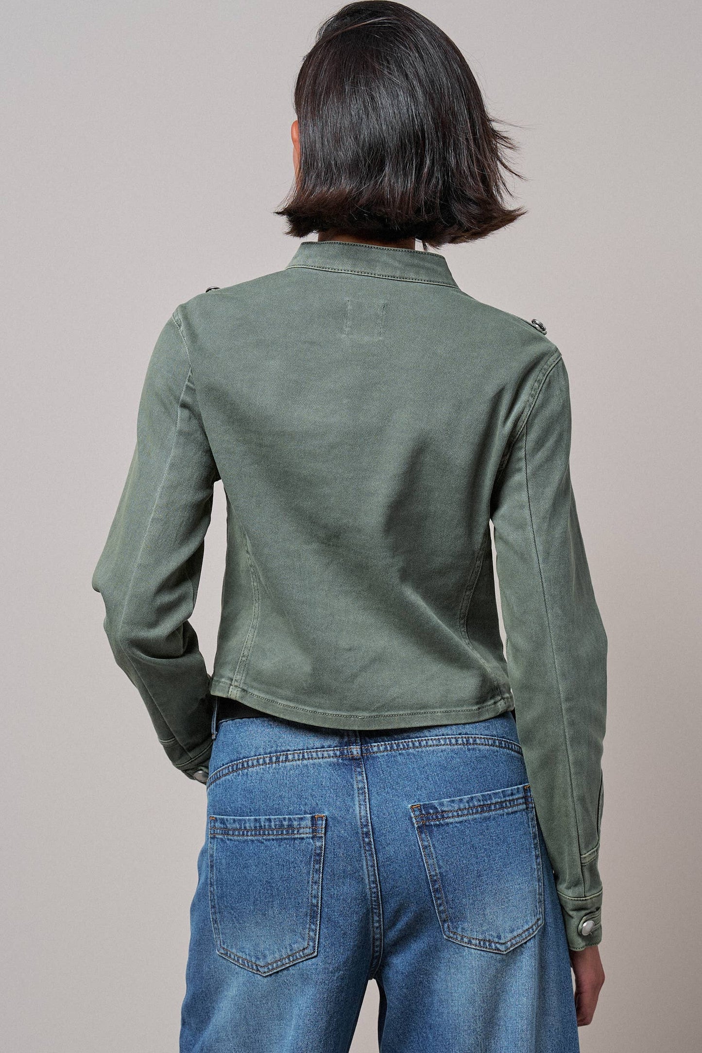 Military Double-Button Stretch Cotton Jacket: Olive