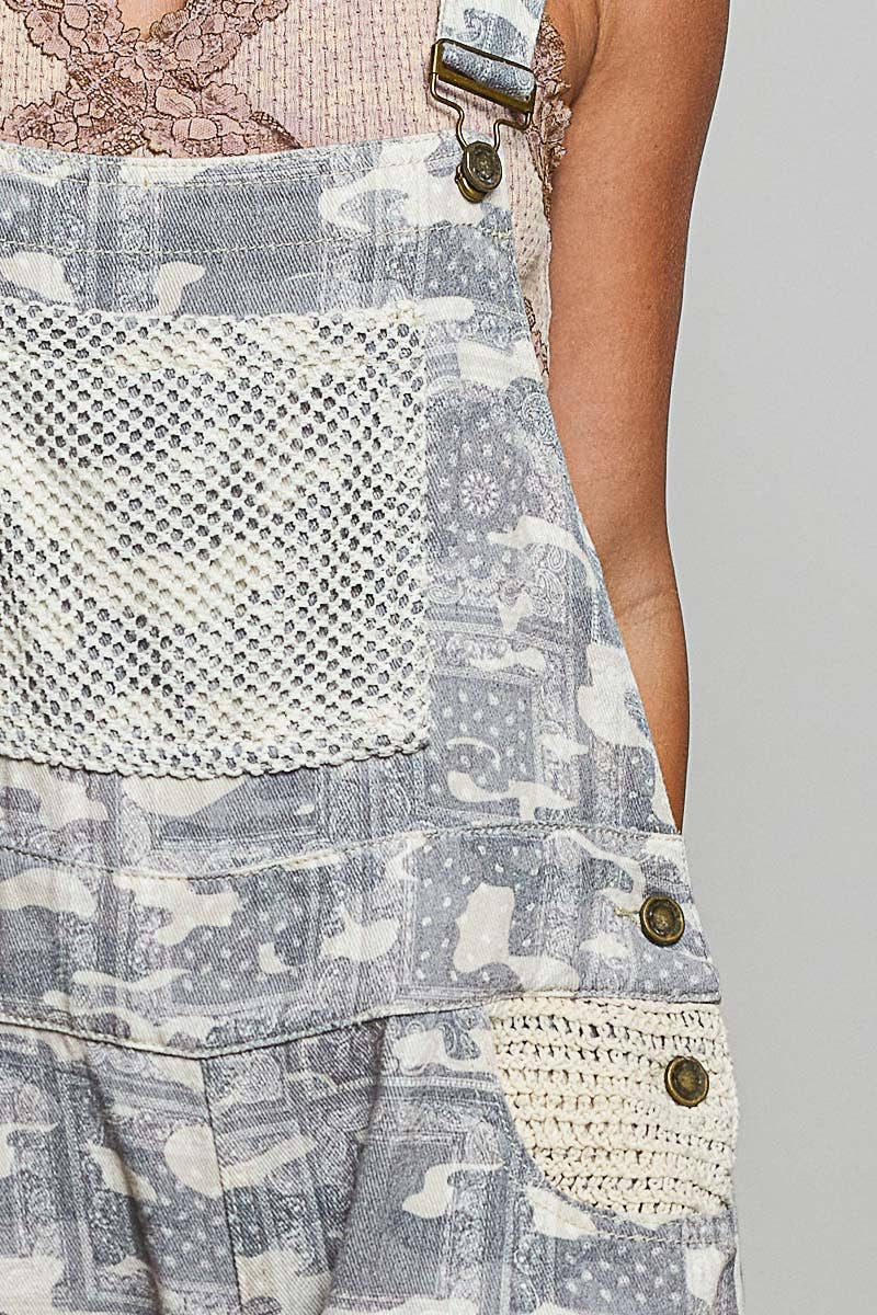 POL Crochet Contrast Patch Detail Chest Pocket Woven Overalls: ALMOND CAMO
