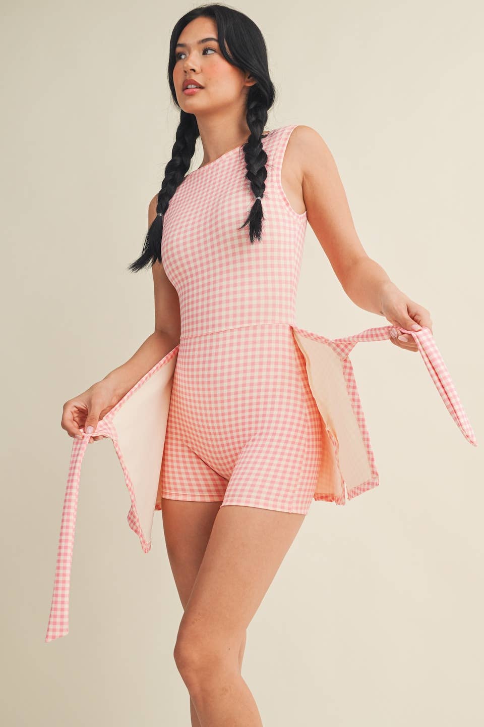 JUNE SHIP Gingham Print Sleeveless Wrap Tie Front Dress