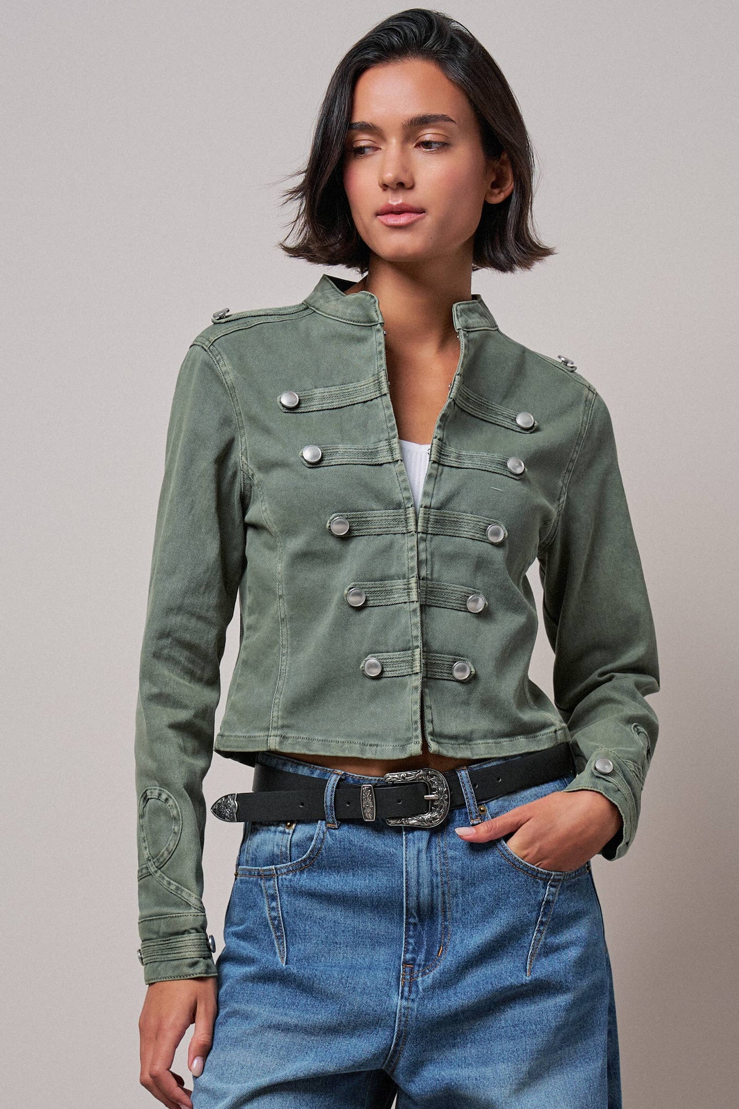 Military Double-Button Stretch Cotton Jacket: Olive