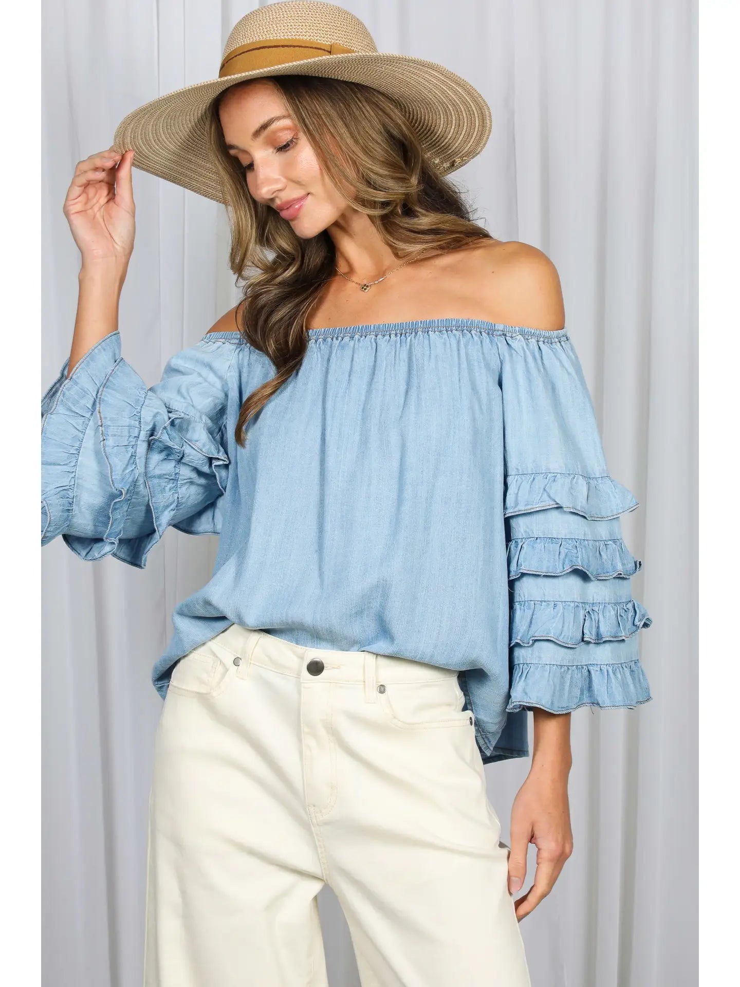 Blue ruffle sleeve shirt
