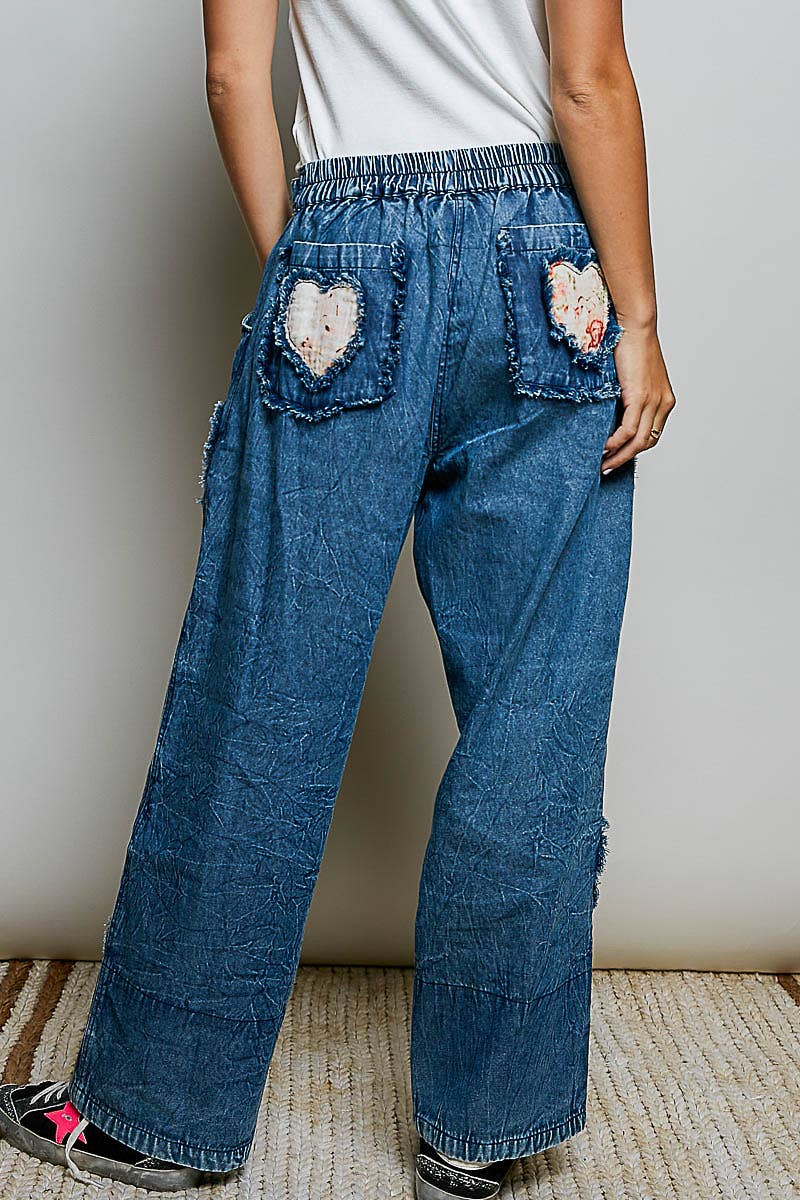 AUG 1st SHIP Patch Elastic Waistband Adjustable Button Woven Pants: DENIM MULTI