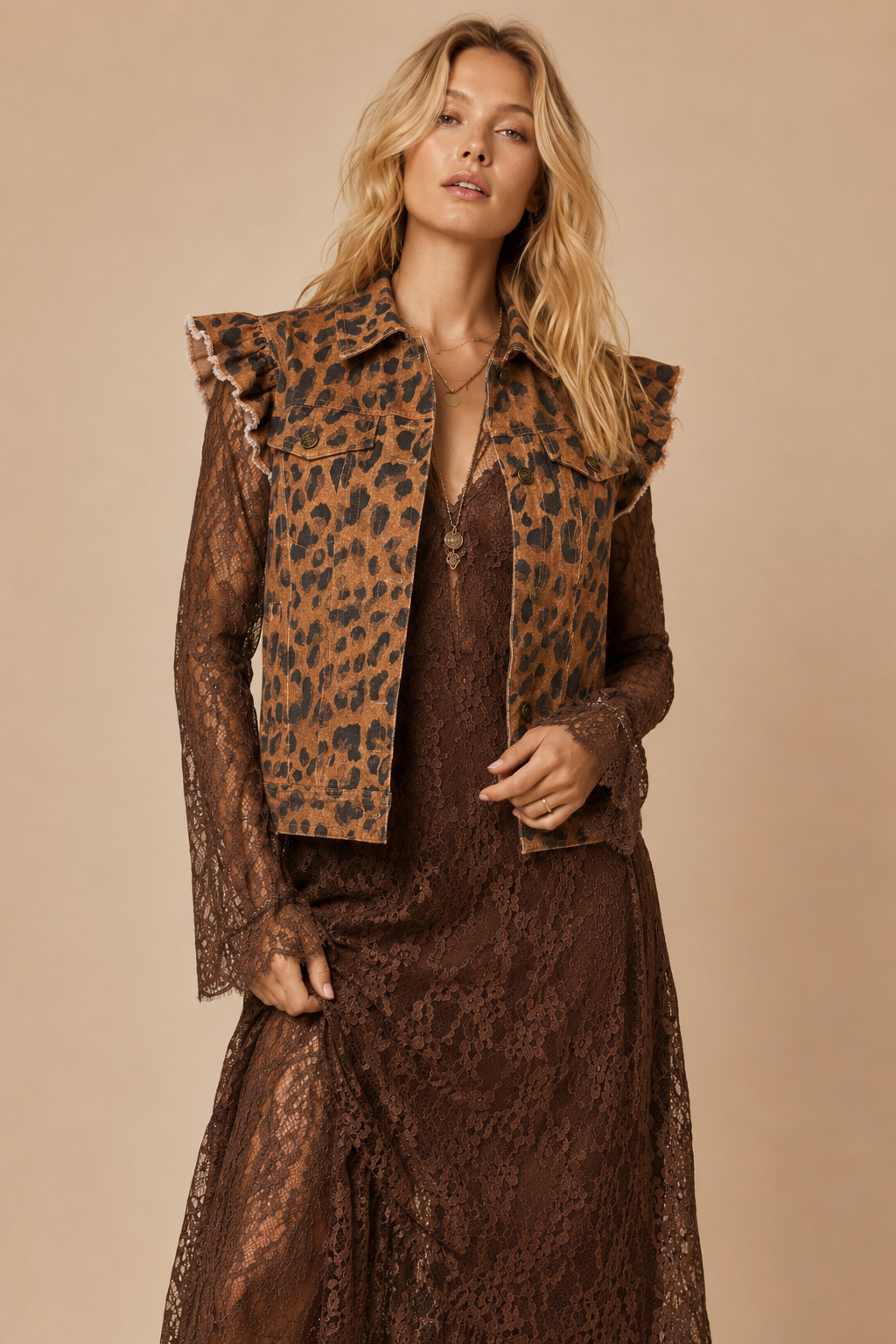 Wild Side Ruffled Denim Vest: BROWN LEOPARD