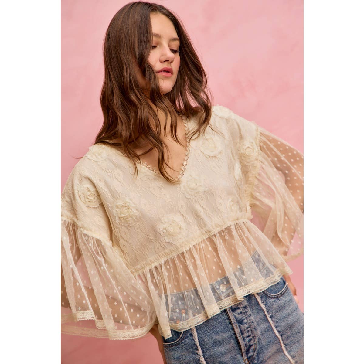 FLORAL APPLIQUE LACE FLOWY V NECK BLOUSE TOP: CREAM