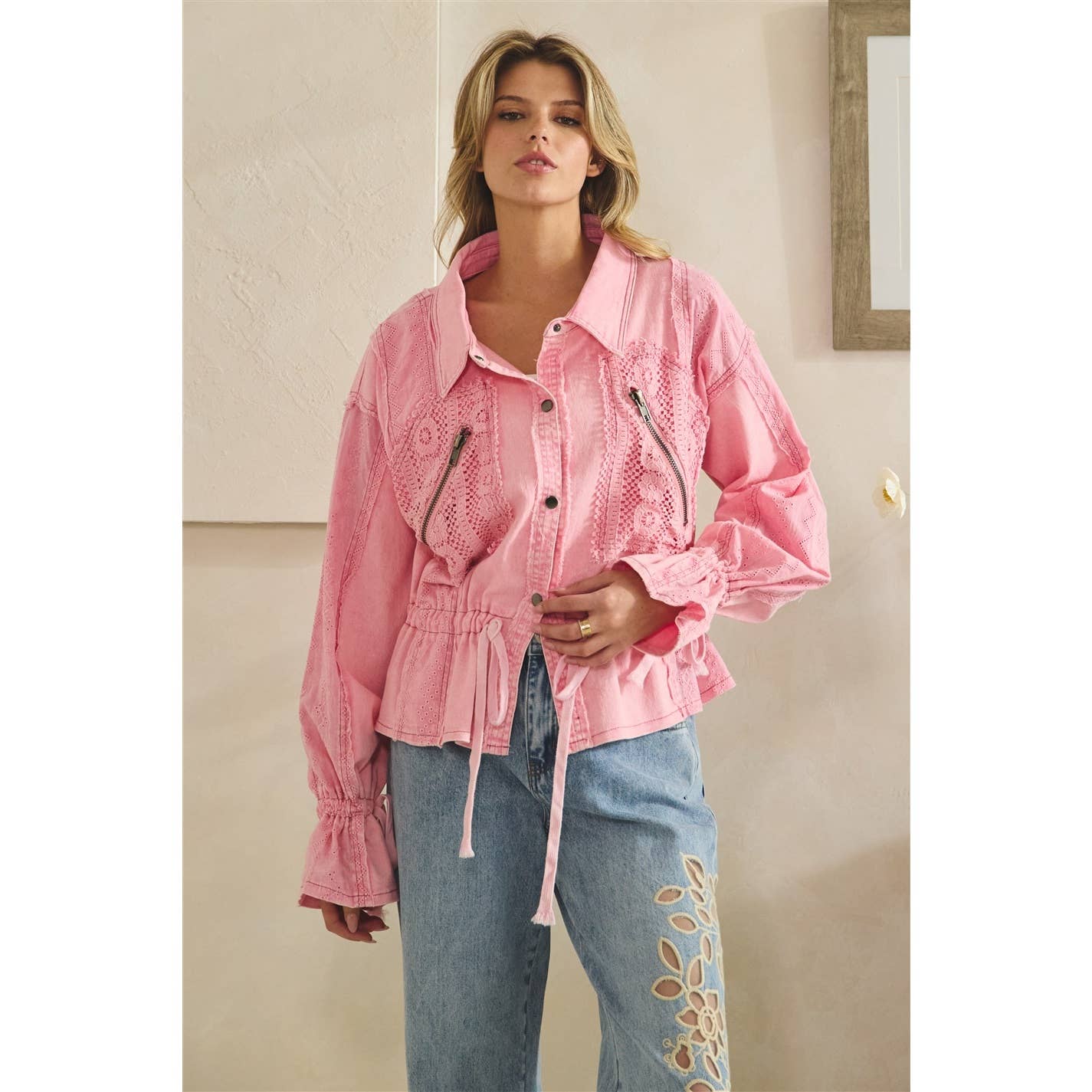 WASHED LACE MIX UTILITY JACKET: PINK