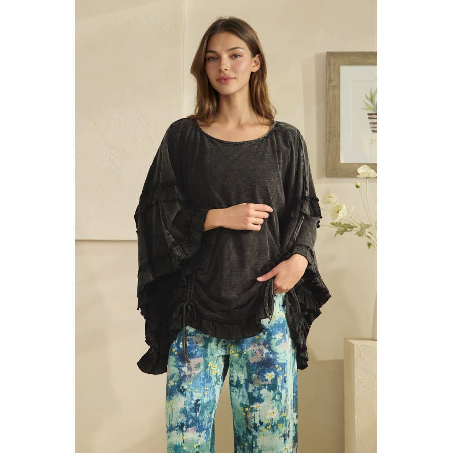 WASHED CINCHED DETAIL RUFFLE SLEEVE AND HEM TOP - HOT PINK or BLACK