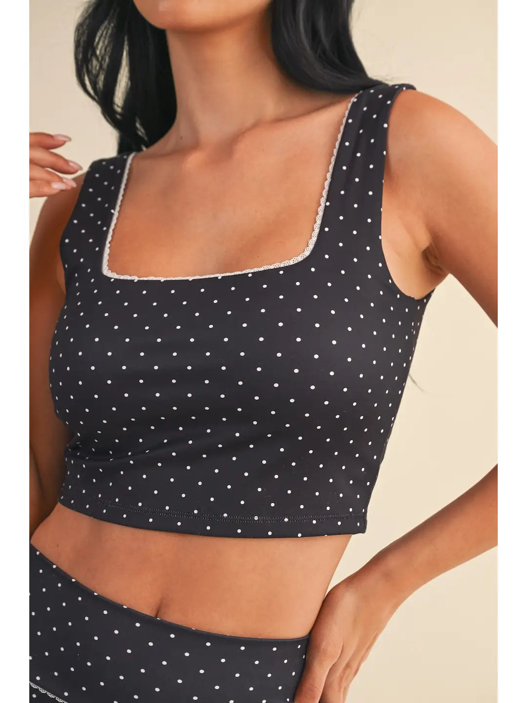 Polka Dot Print Crop Tank with Lace Trim