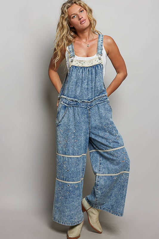 Laser-Cut Trim Accent Twill Denim Wide Leg Overalls