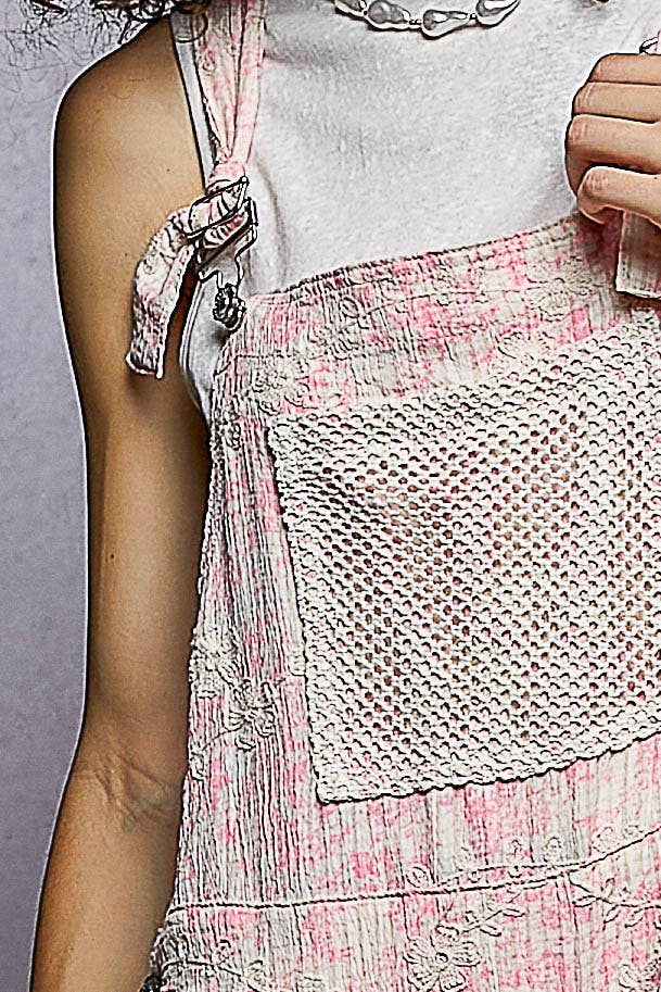 Floral Embroidery Accents Mesh Patches Strap Woven Overalls