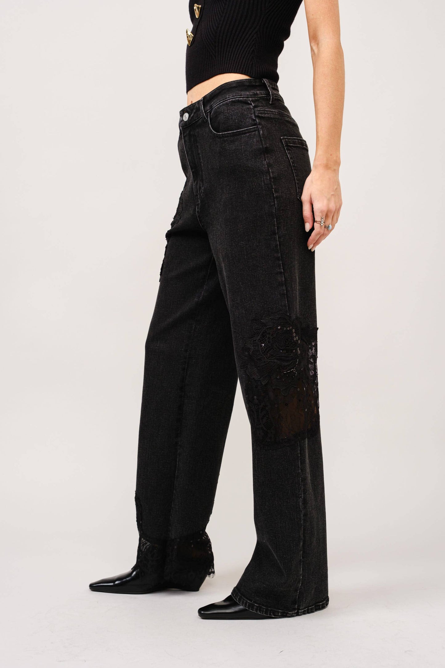 23421P - Lace Patchwork Straight Leg Jeans