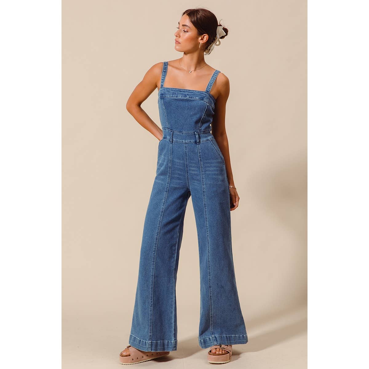 FRONT CUT EXPOSED SEAM WASHED DENIM JUMPSUIT : DENIM