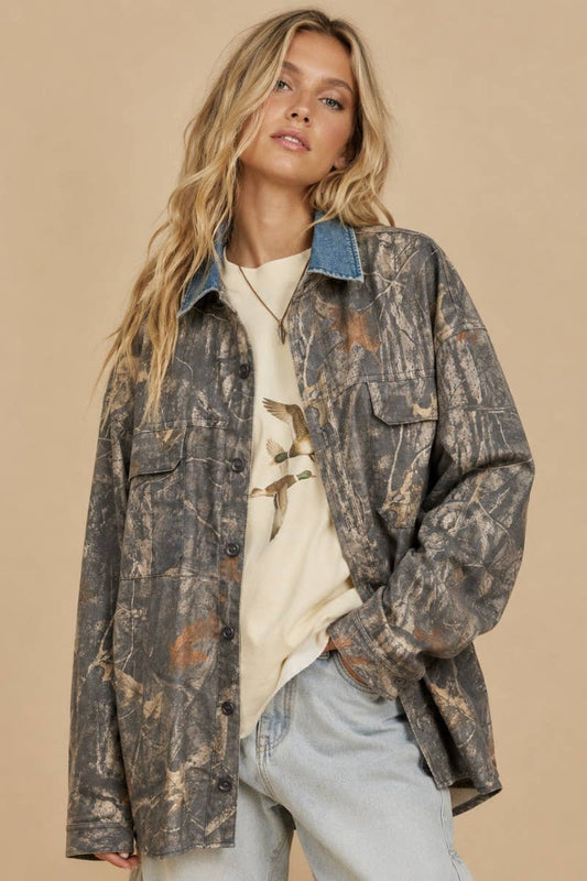 SEPT SHIP Denim Collar Camo Shacket