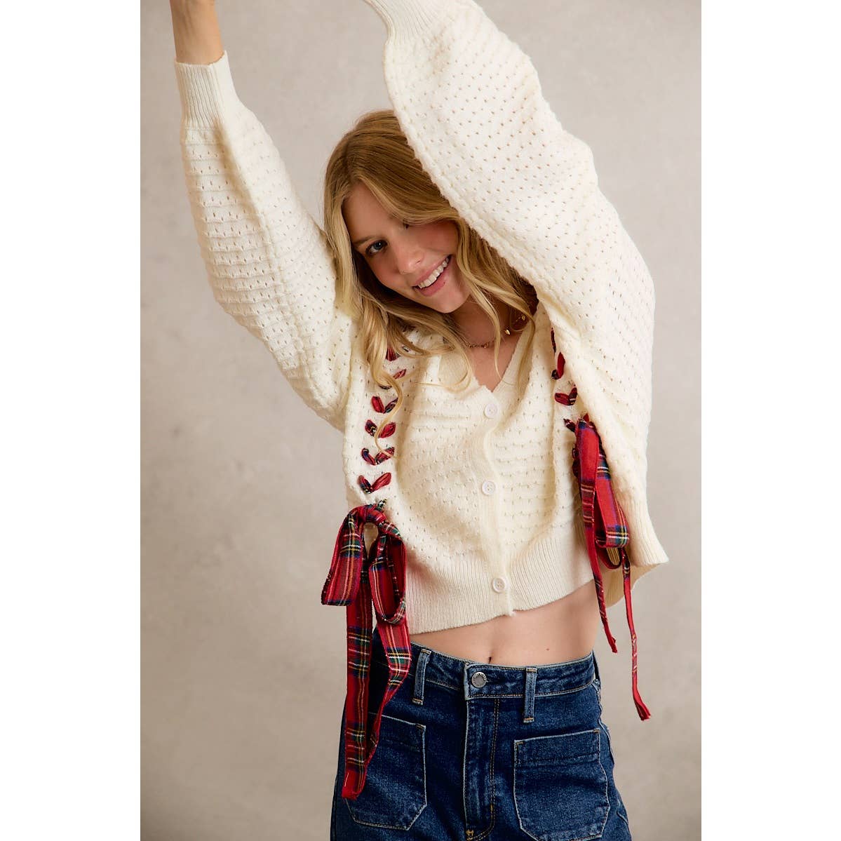 WRAPPED WITH A BOW CHRISTMAS CHECKERED PLAID TAPE LACE TEXTURE SWEATER CARDIGAN