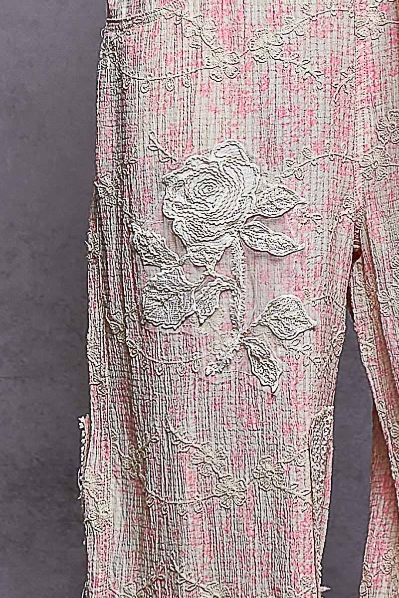 Floral Embroidery Accents Mesh Patches Strap Woven Overalls