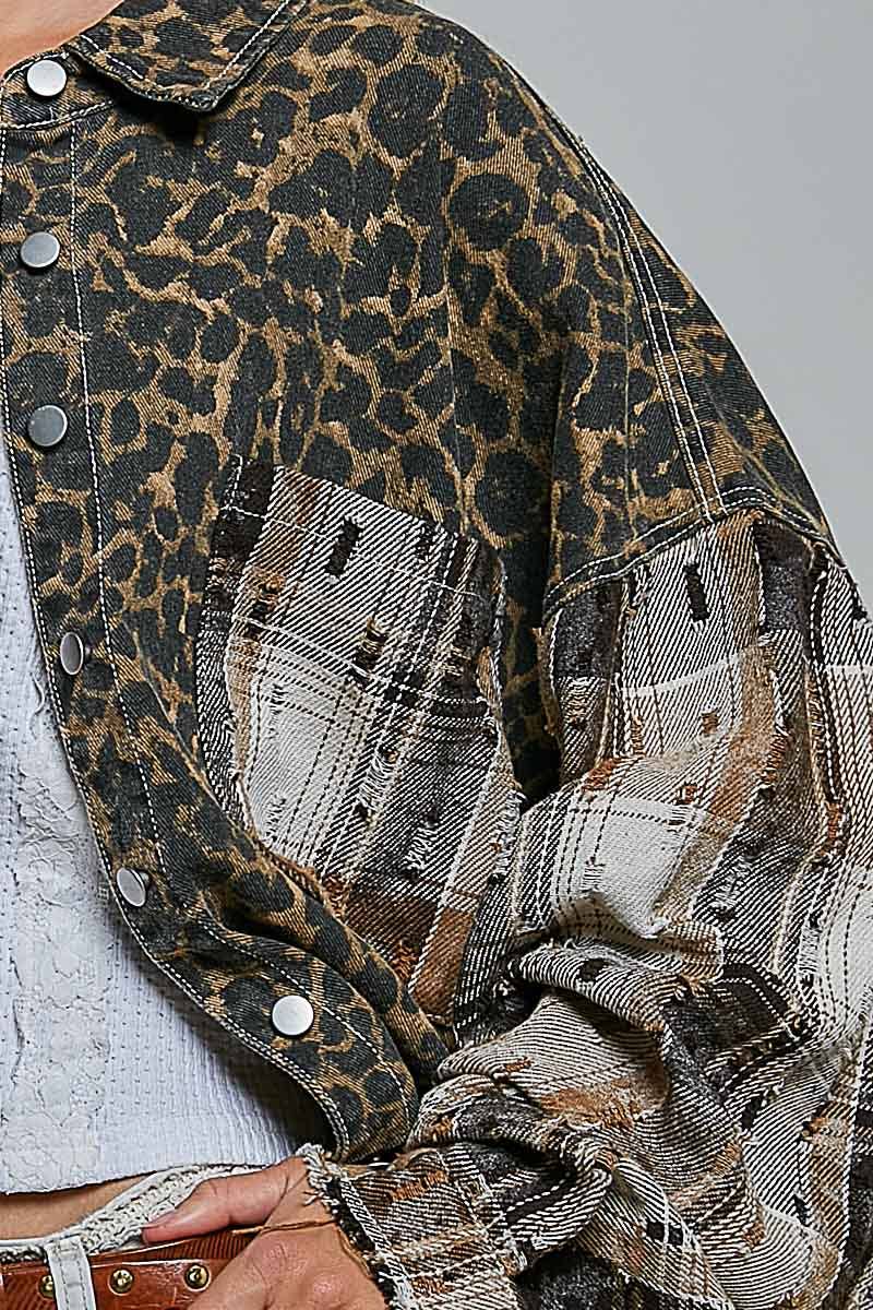 JULY SHIP Allover Print Pattern Raw-Edge Fringe Trim Shirt Jacket: CHOCO MULTI