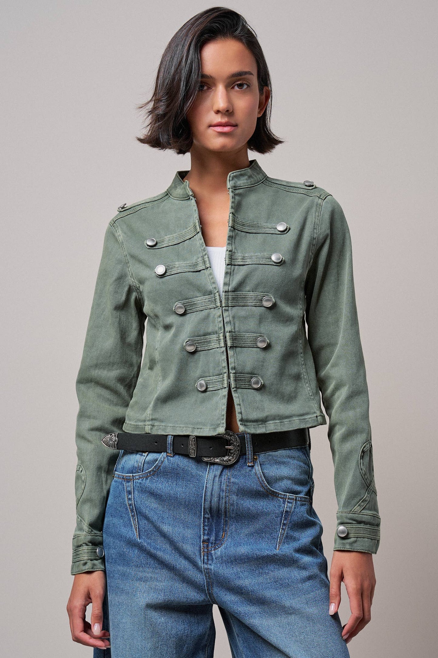 Military Double-Button Stretch Cotton Jacket: Olive