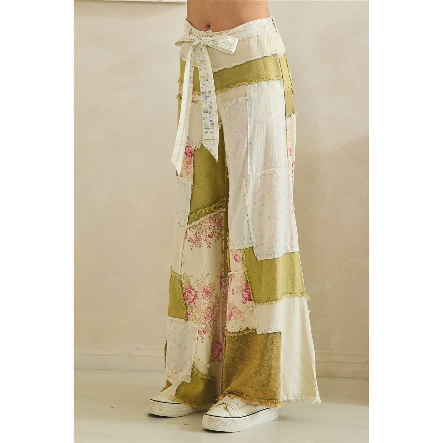WASHED FLORAL PATCHWORK FLARE PANTS