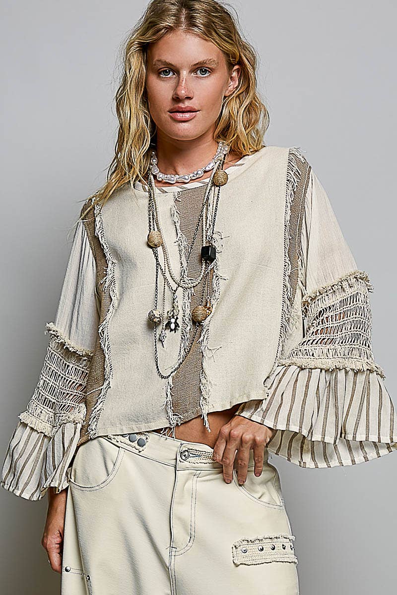 POL Raw Edge Contrast Panels Textured Woven Boxy Top