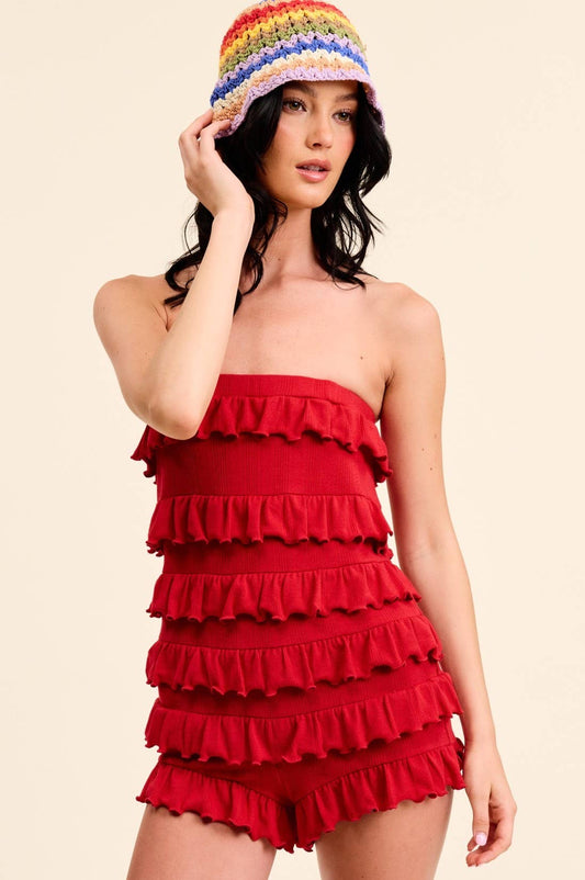 Open-Pack Frilly Strapless Romper with Ruffled Lettuce Hem: Red / S