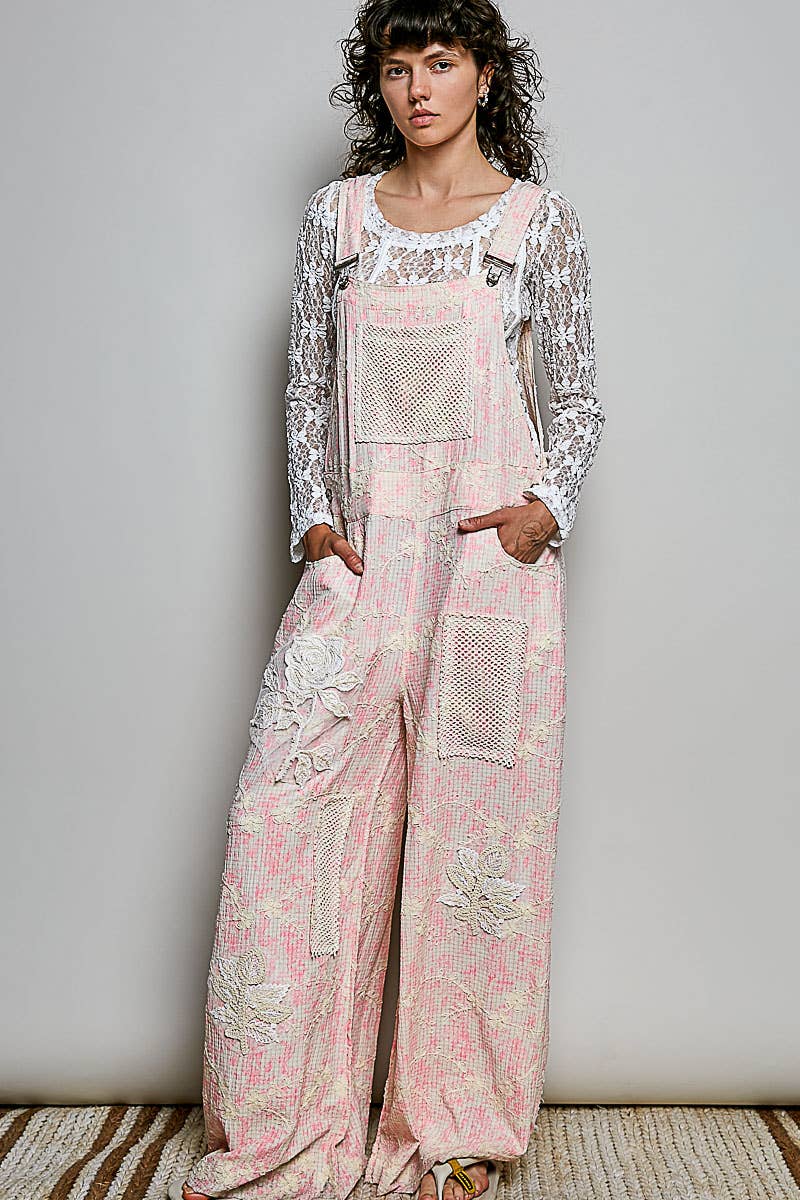 Floral Embroidery Accents Mesh Patches Strap Woven Overalls