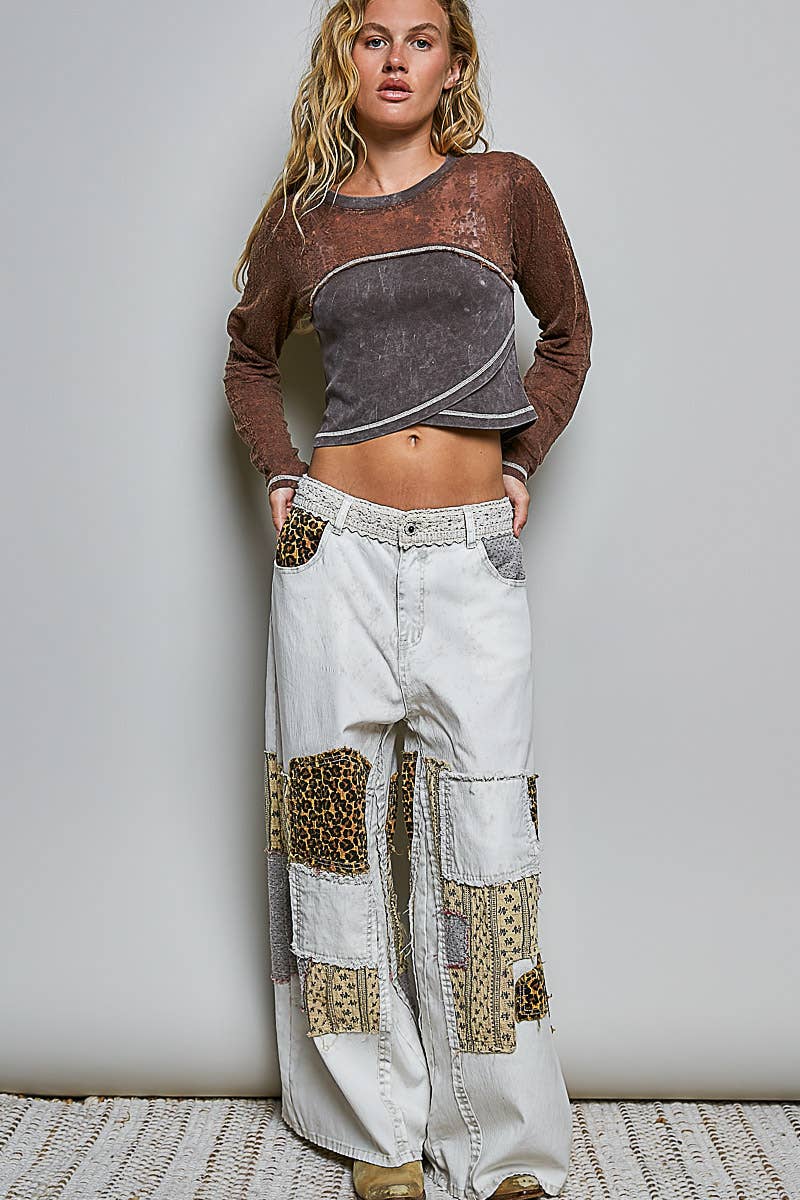 JULY SHIP Handcrafted Vintage DIY Patchwork-Style Waistband Wide Pant: NATURAL MULTI