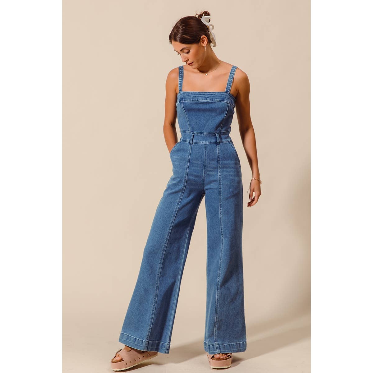 FRONT CUT EXPOSED SEAM WASHED DENIM JUMPSUIT : DENIM
