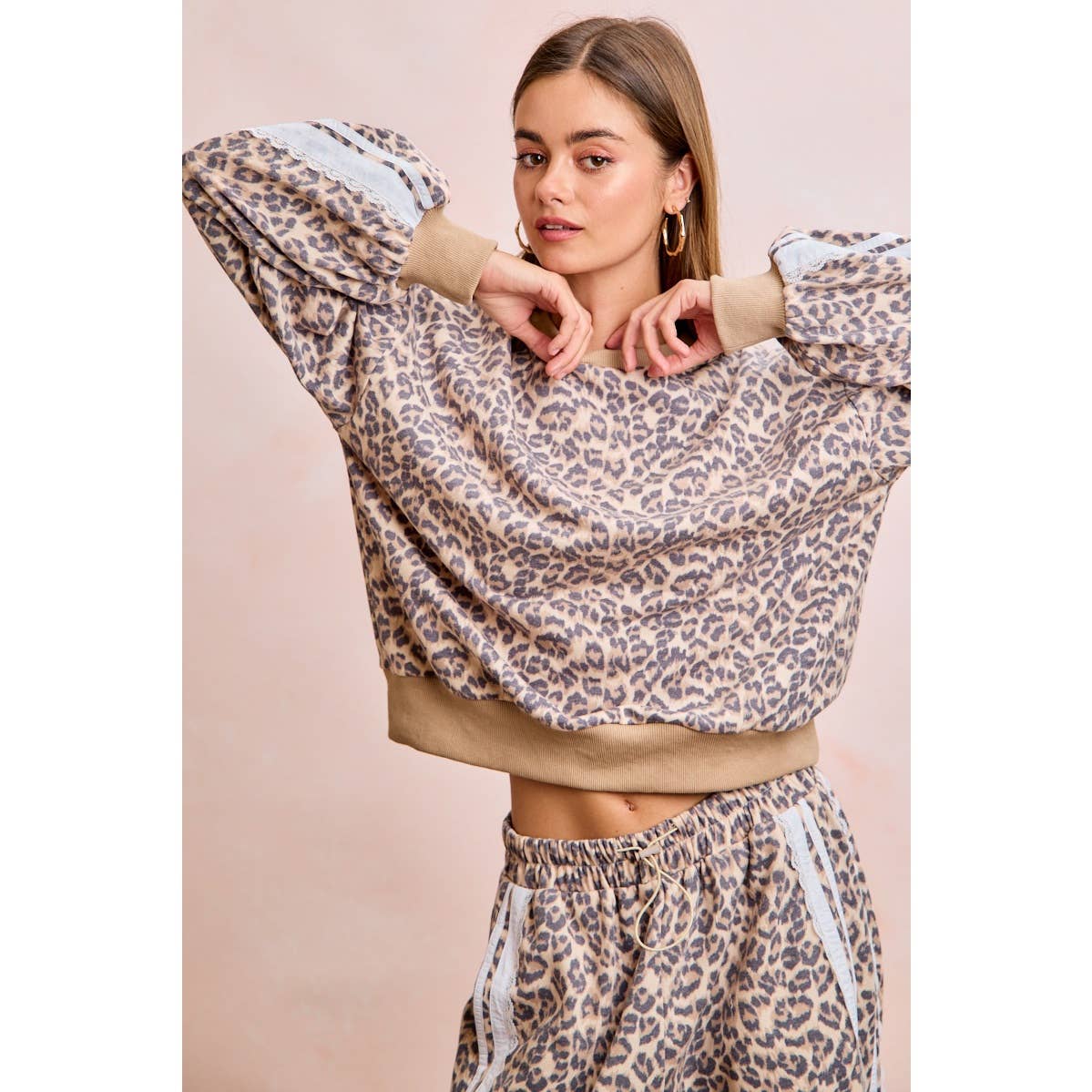 LEOPARD FRENCH TERRY LACE CONTRAST SWEATSHIRT TOP: LEOPARD