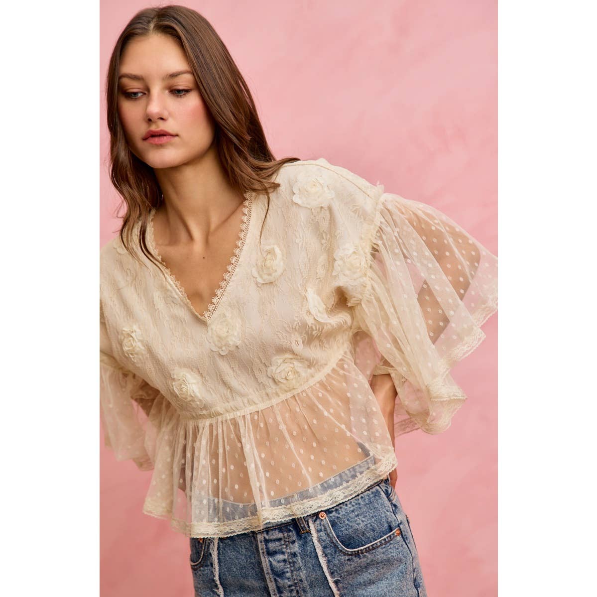 FLORAL APPLIQUE LACE FLOWY V NECK BLOUSE TOP: CREAM