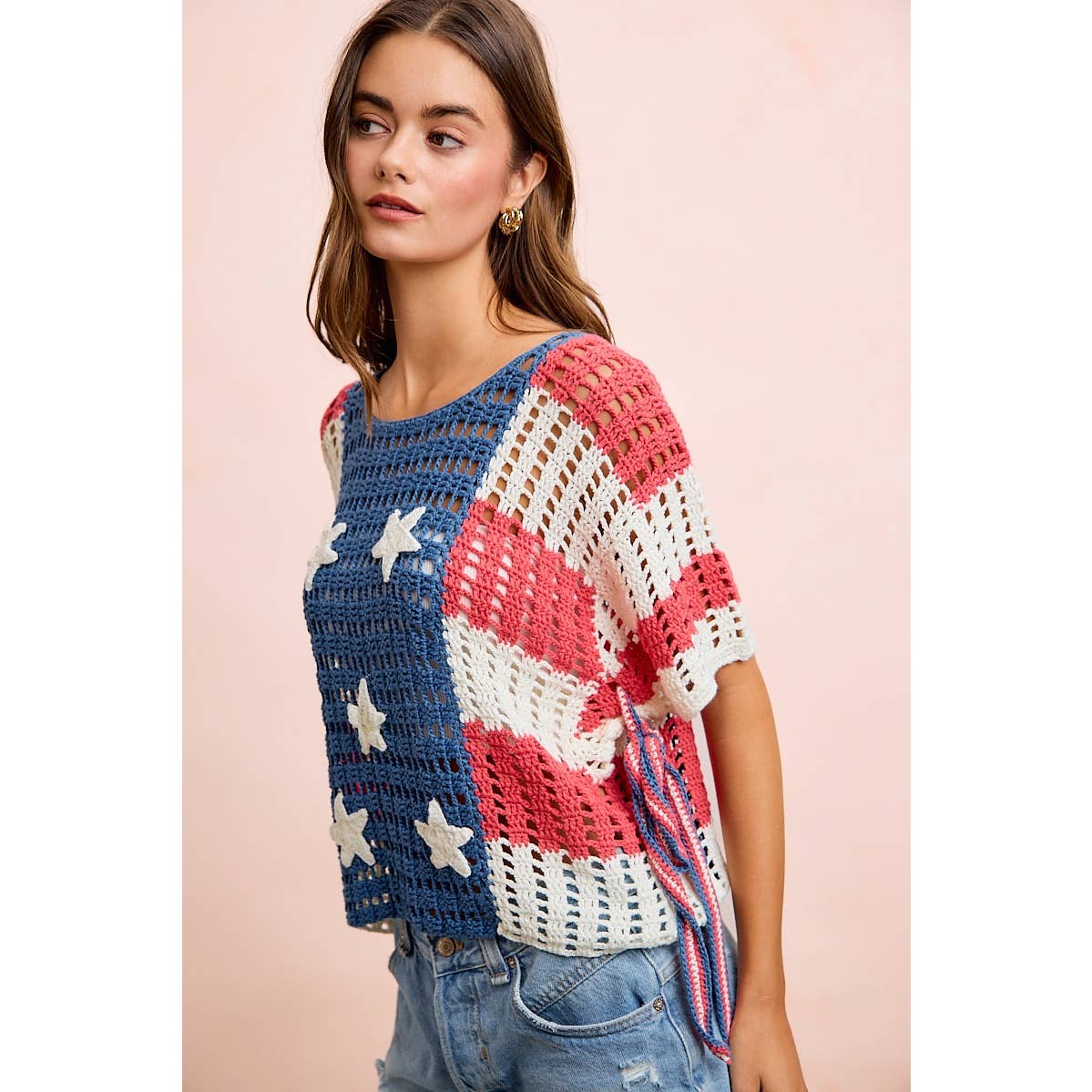 4TH OF JULY AMERICAN FLAG OPEN KNIT CROCHET TOP: AMERICAN FLAG