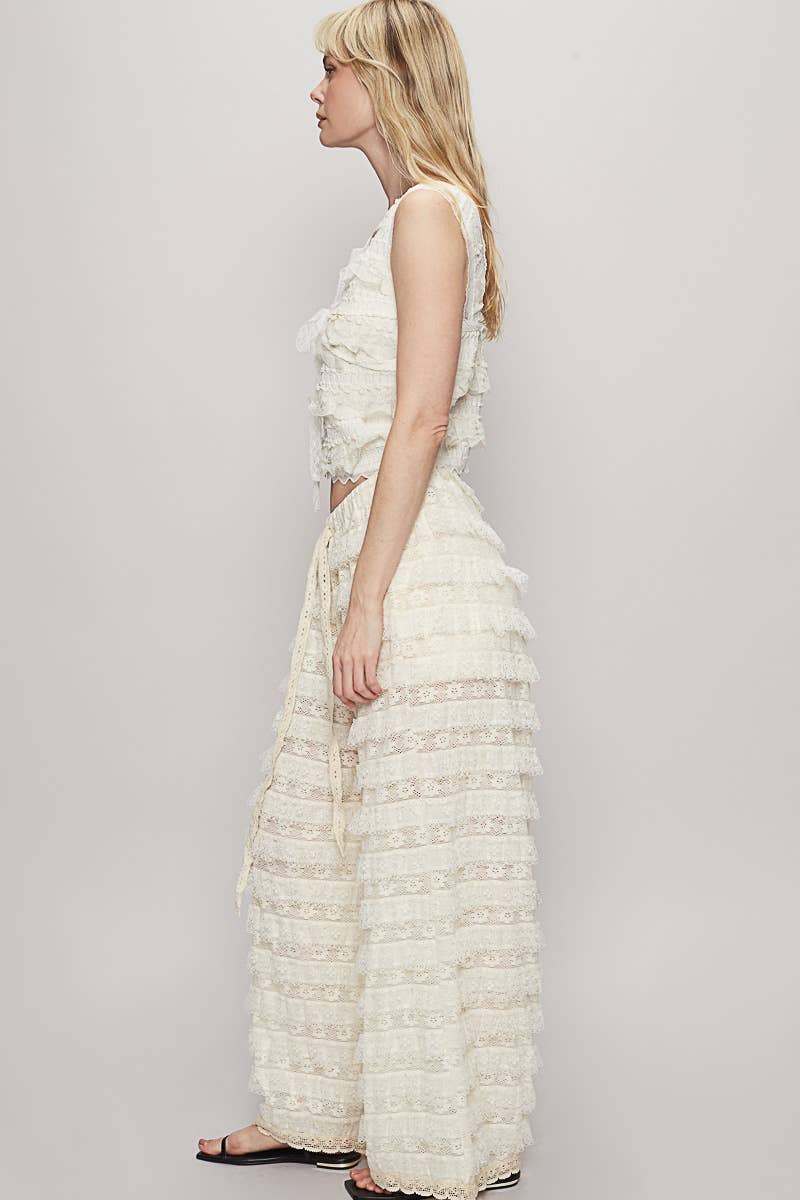 JUNE SHIP POL Solid lace trim detail woven wide pants