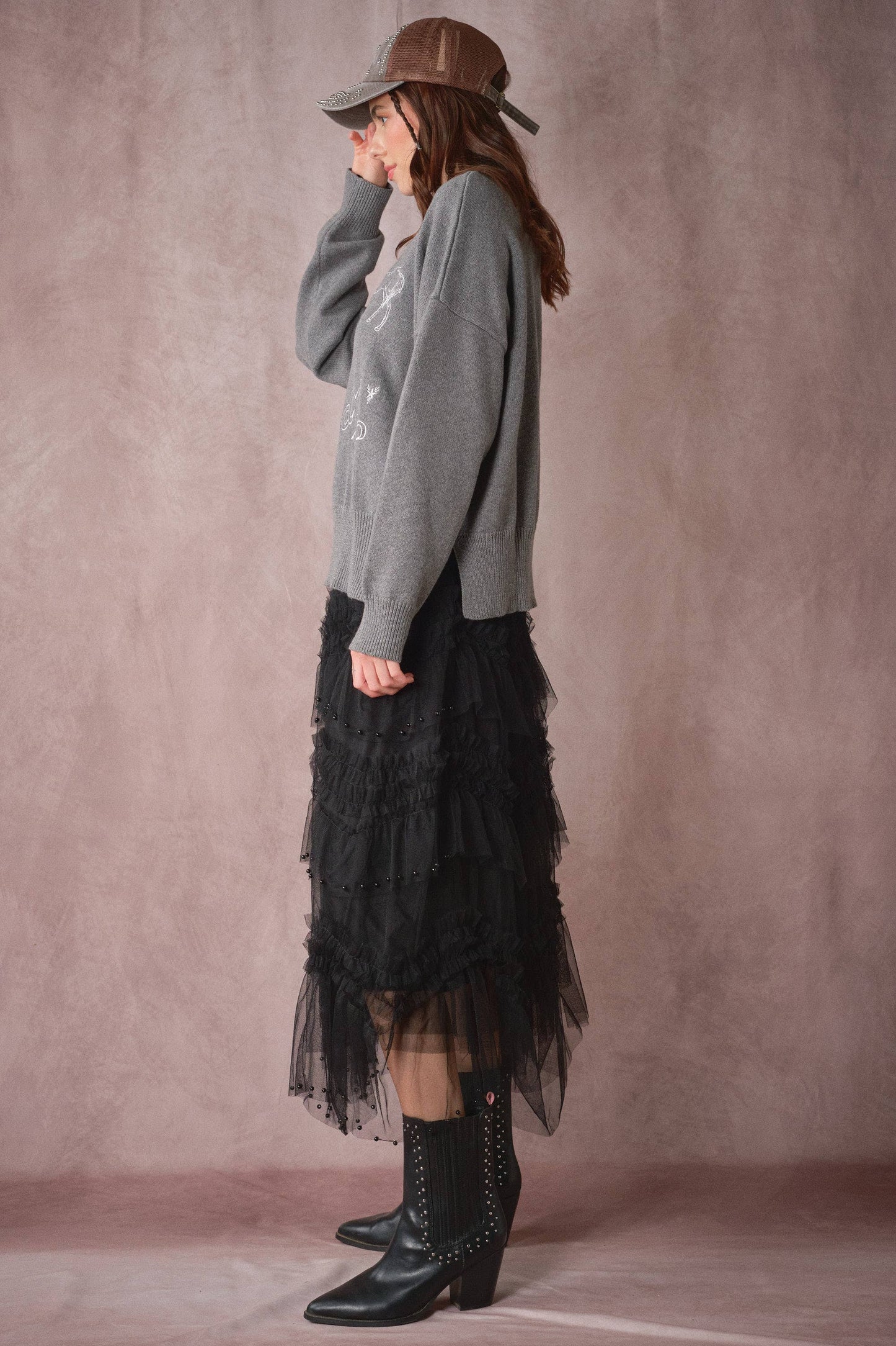 Black Tiered Ruffle Tulle Skirt With Pearls