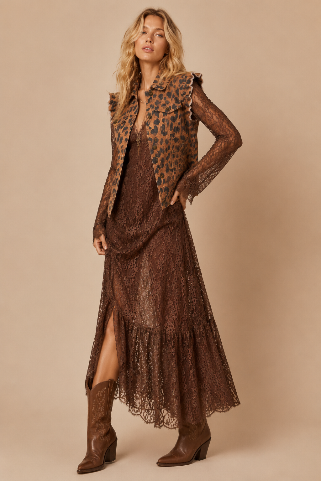 Wild Side Ruffled Denim Vest: BROWN LEOPARD