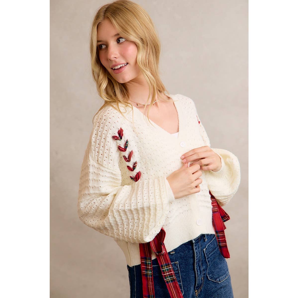 WRAPPED WITH A BOW CHRISTMAS CHECKERED PLAID TAPE LACE TEXTURE SWEATER CARDIGAN