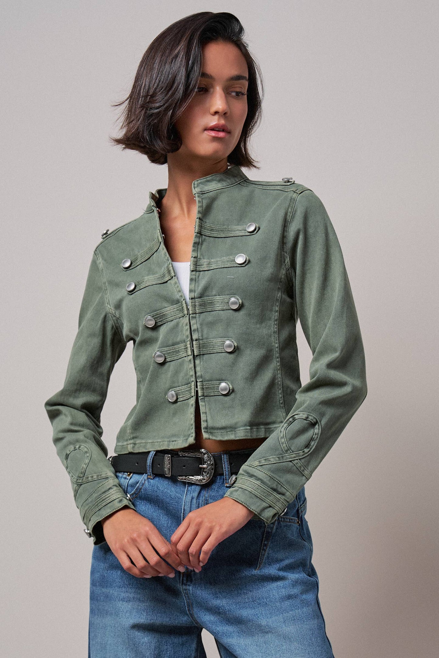 Military Double-Button Stretch Cotton Jacket: Olive