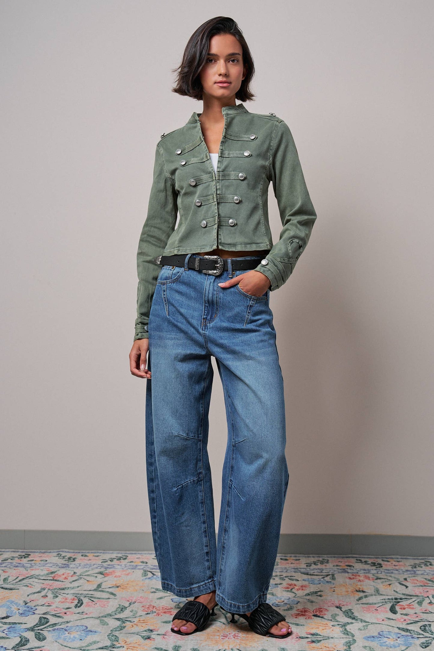 Military Double-Button Stretch Cotton Jacket: Olive
