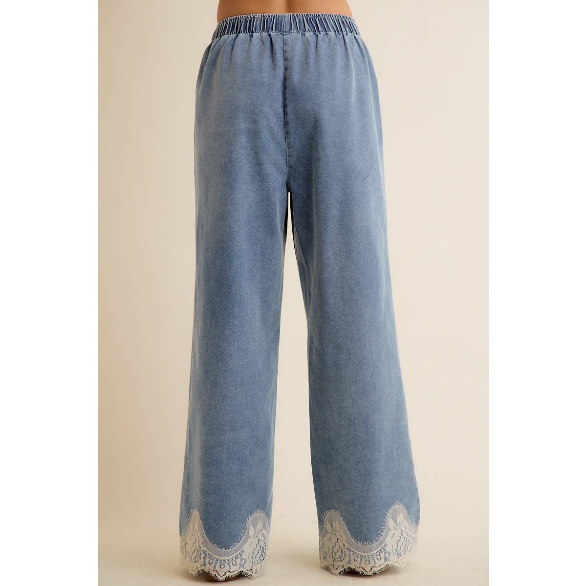 JUNE SHIP  LACE TRIM WIDE LEG ELASTIC MID RISE DENIM PANTS: DENIM