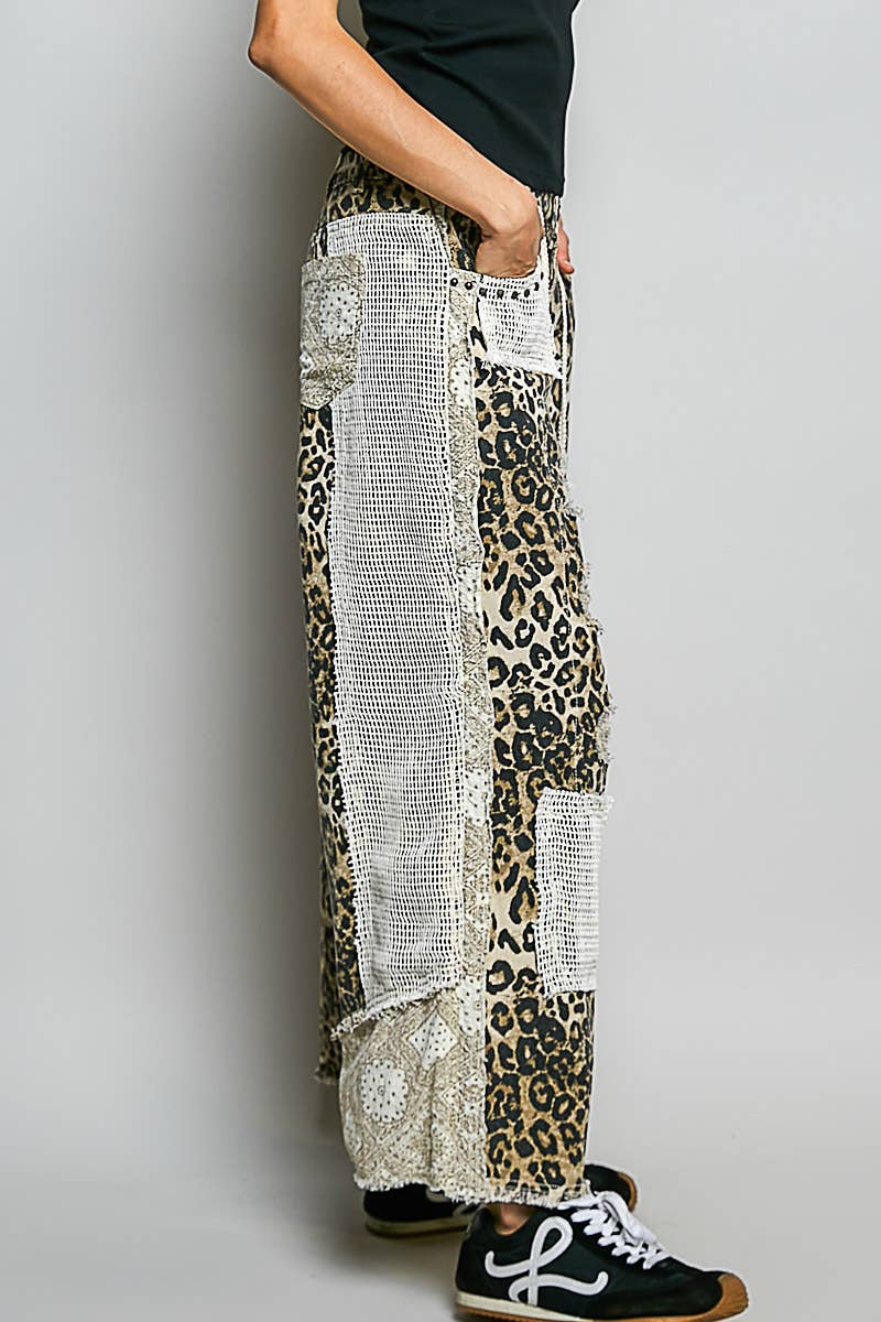 JULY SHIP POL Stud Detail Woven Denim Pants: SAND LEOPARD