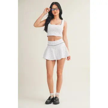 Polka Dot Print Crop Top with Lace Trim