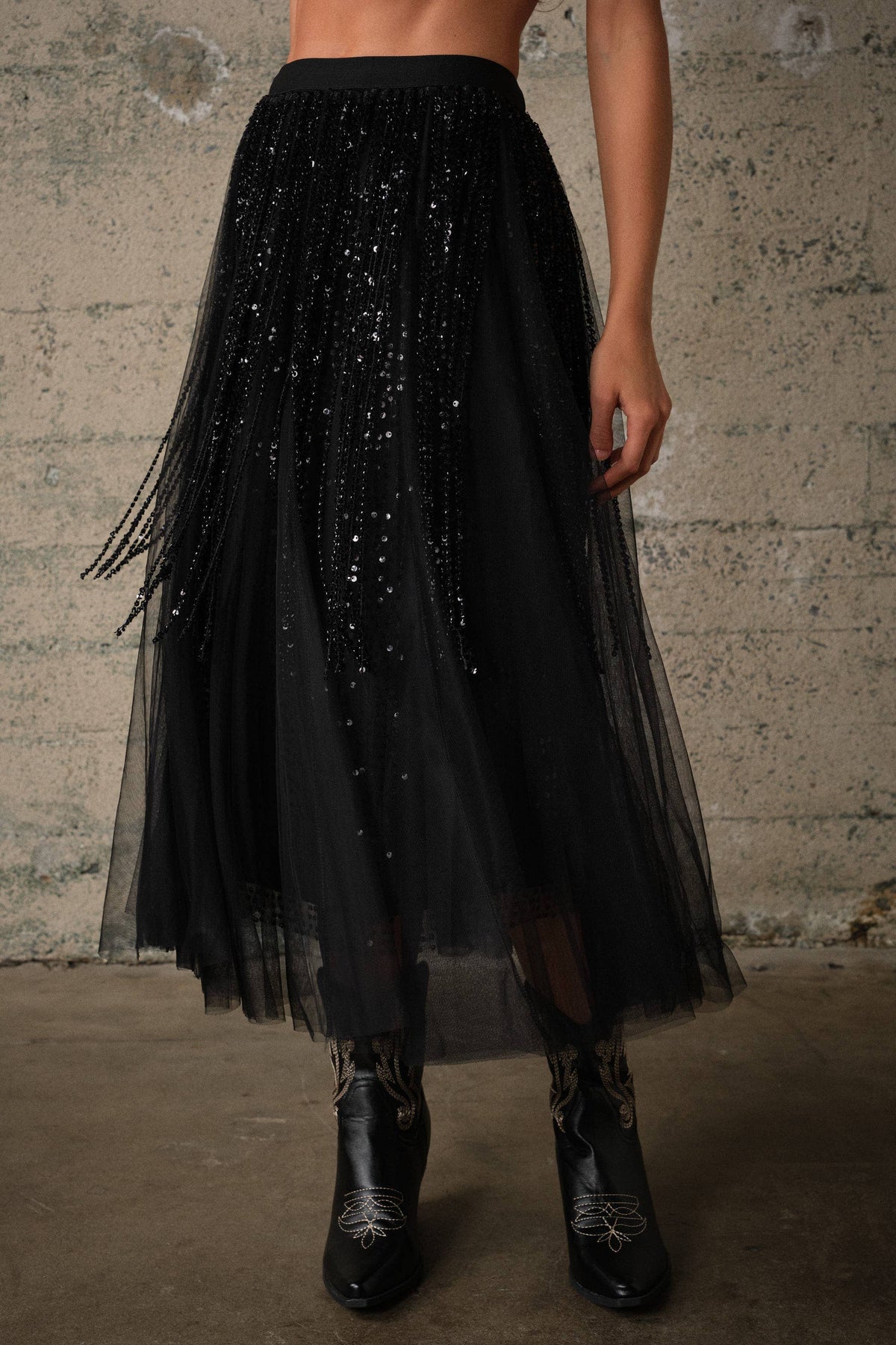 Starlight Beaded Mesh Midi Skirt