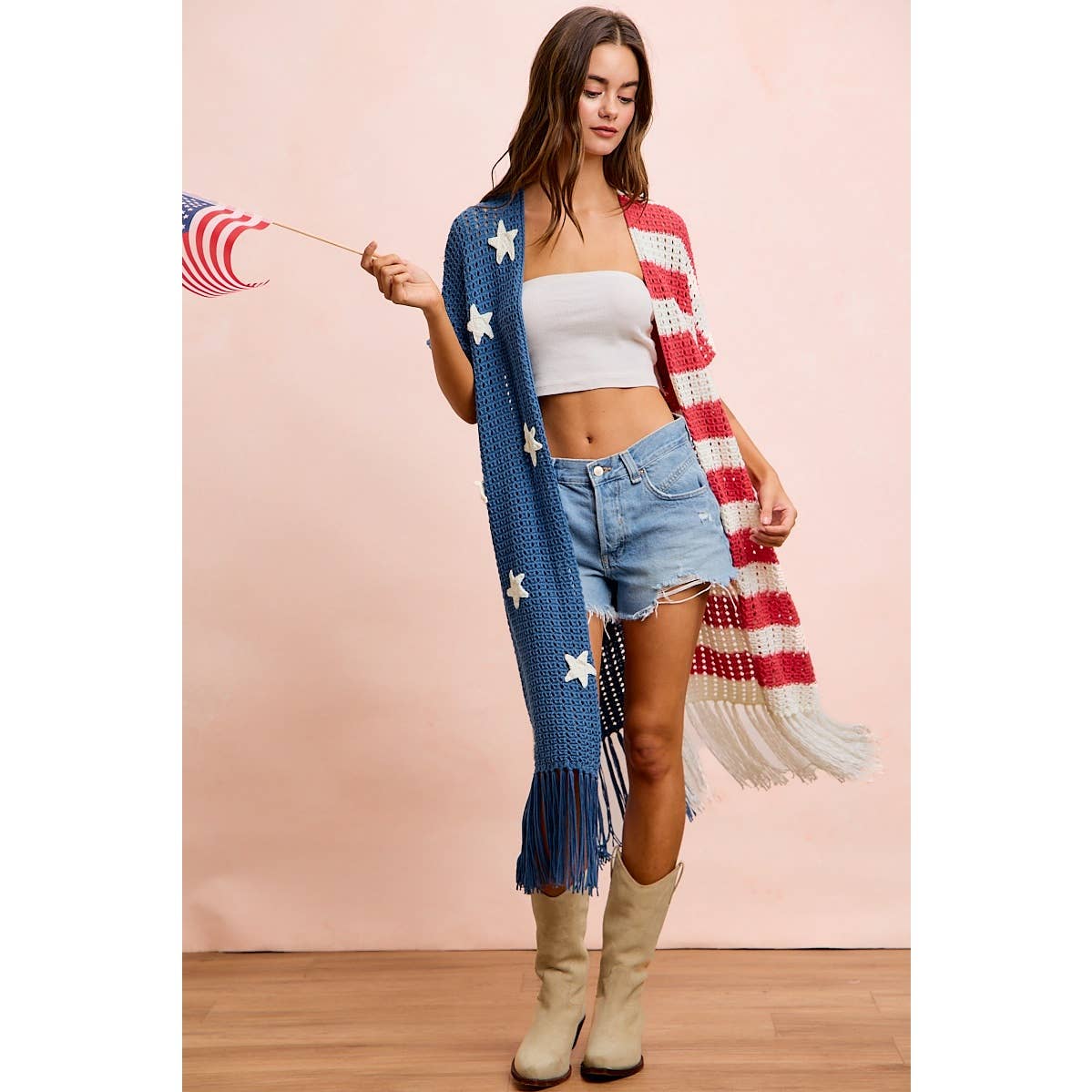4TH OF JULY AMERICAN FLAG OPEN KNIT CARDIGAN