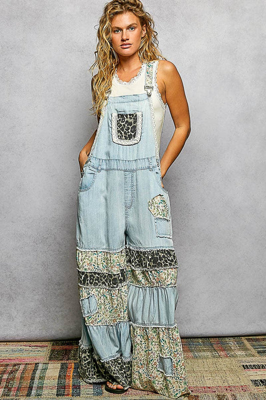 PREORDER - SHIP MID MAY POL Feminine Mixed Printed Fabric Ruffle Wide Leg Overall