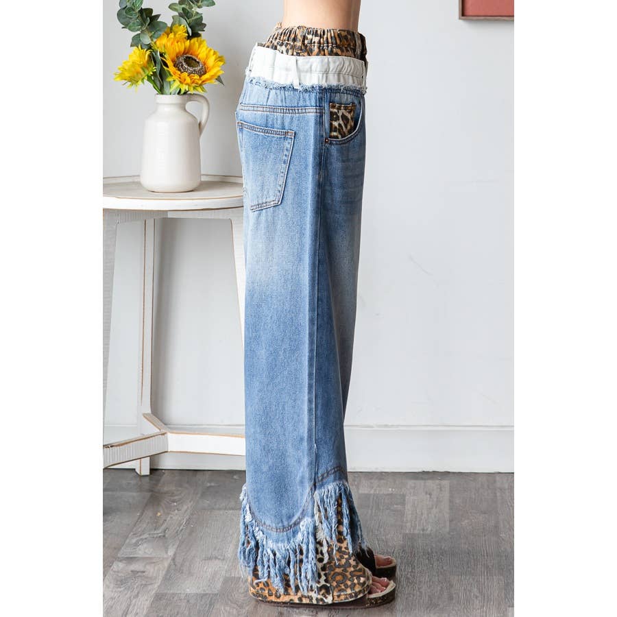 WASHED DOUBLED WAIST WITH FRAYED HEM JEANS