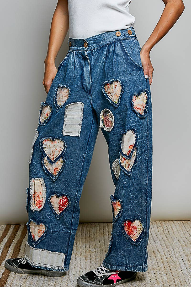 AUG 1st SHIP Patch Elastic Waistband Adjustable Button Woven Pants: DENIM MULTI