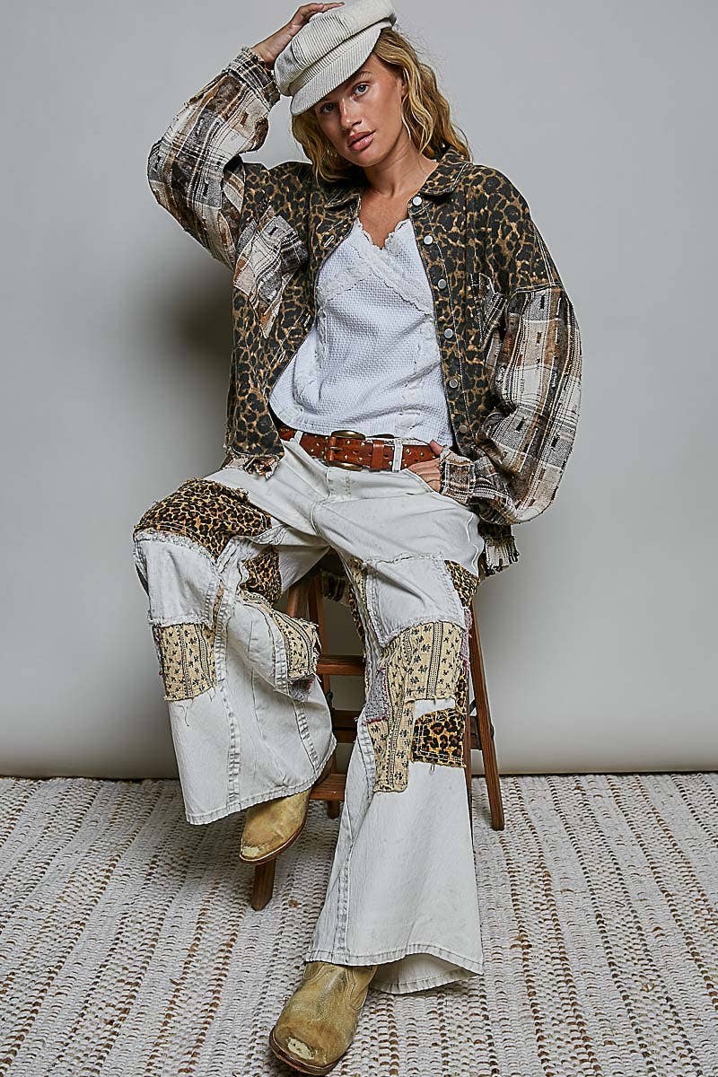 JULY SHIP Allover Print Pattern Raw-Edge Fringe Trim Shirt Jacket: CHOCO MULTI