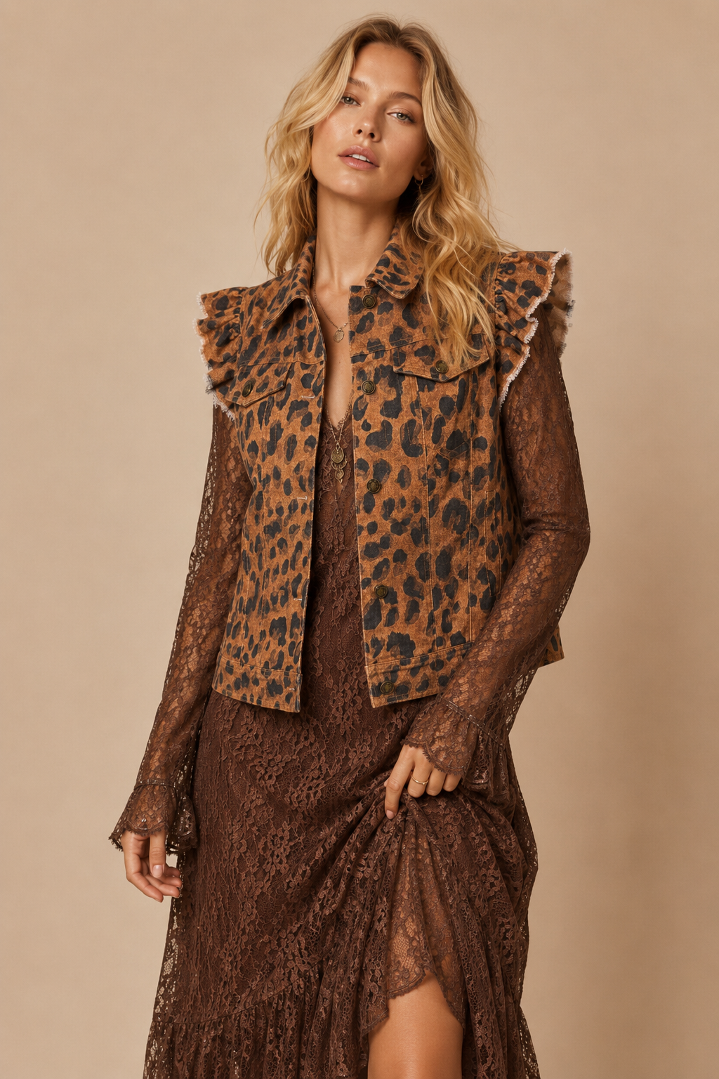 Wild Side Ruffled Denim Vest: BROWN LEOPARD