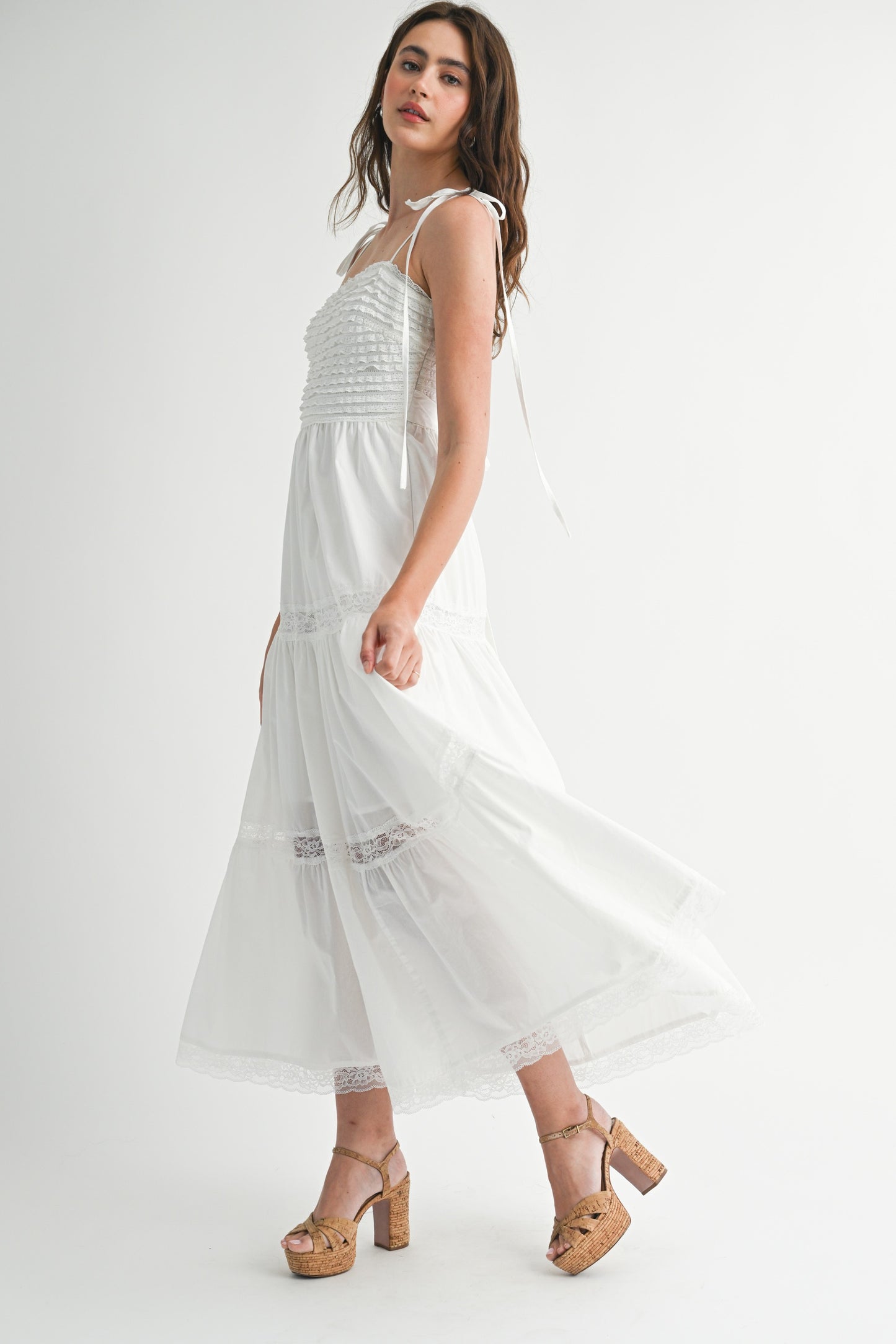 Ruffled textured bodice self tie lace trim midi dress