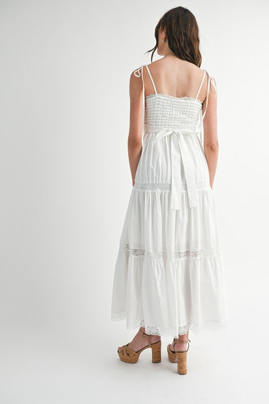 Ruffled textured bodice self tie lace trim midi dress